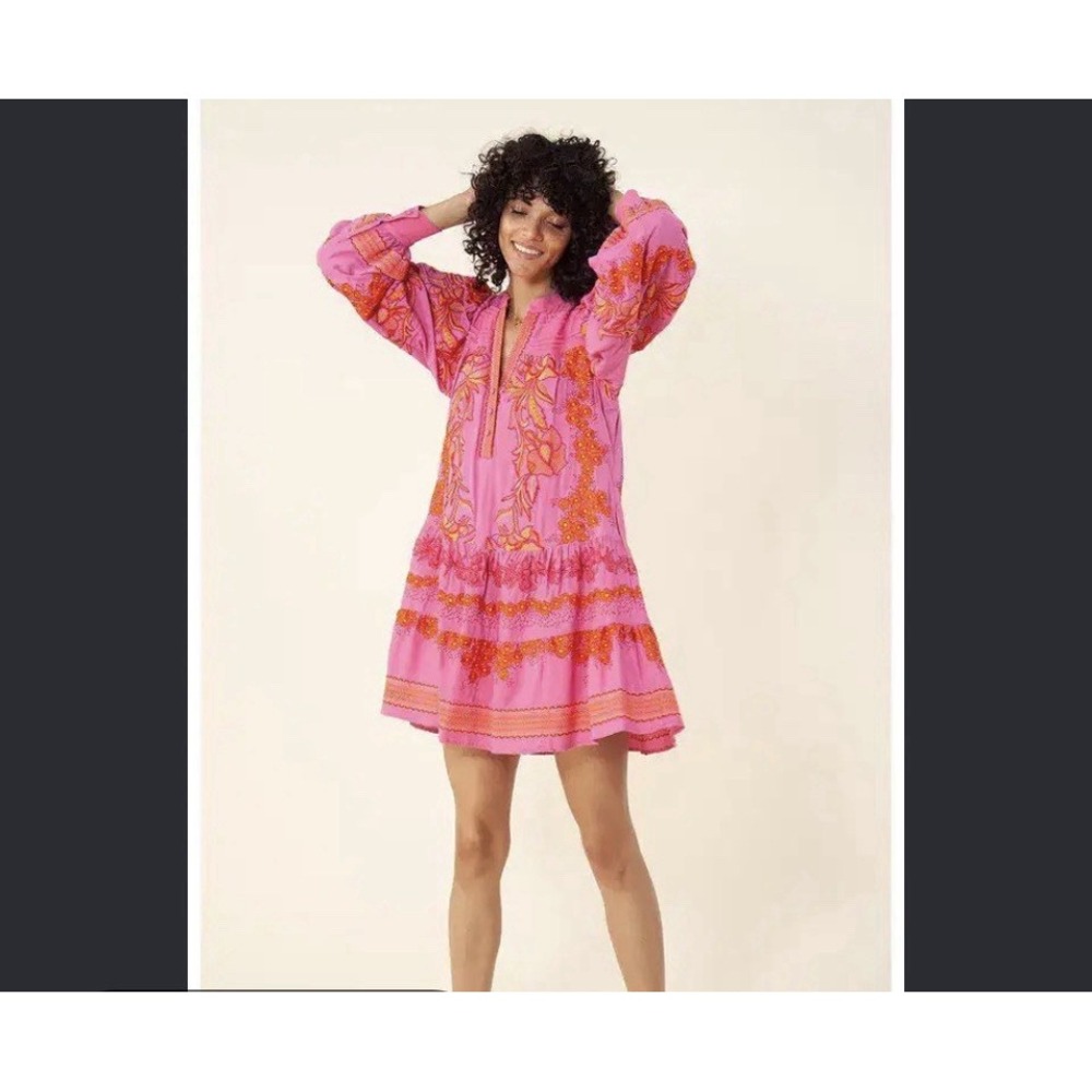 HALE BOB Janina Embroidered Floral DRESS Pink Boho Chic Resort Balloon Sleeves M